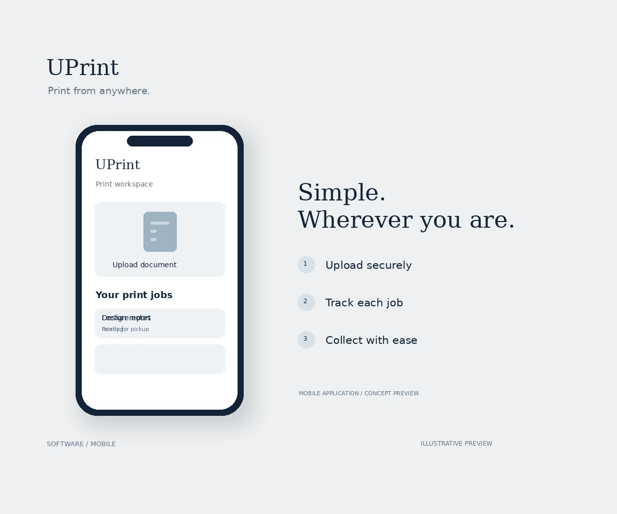 Illustrative UPrint Mobile App interface preview in navy and muted grey