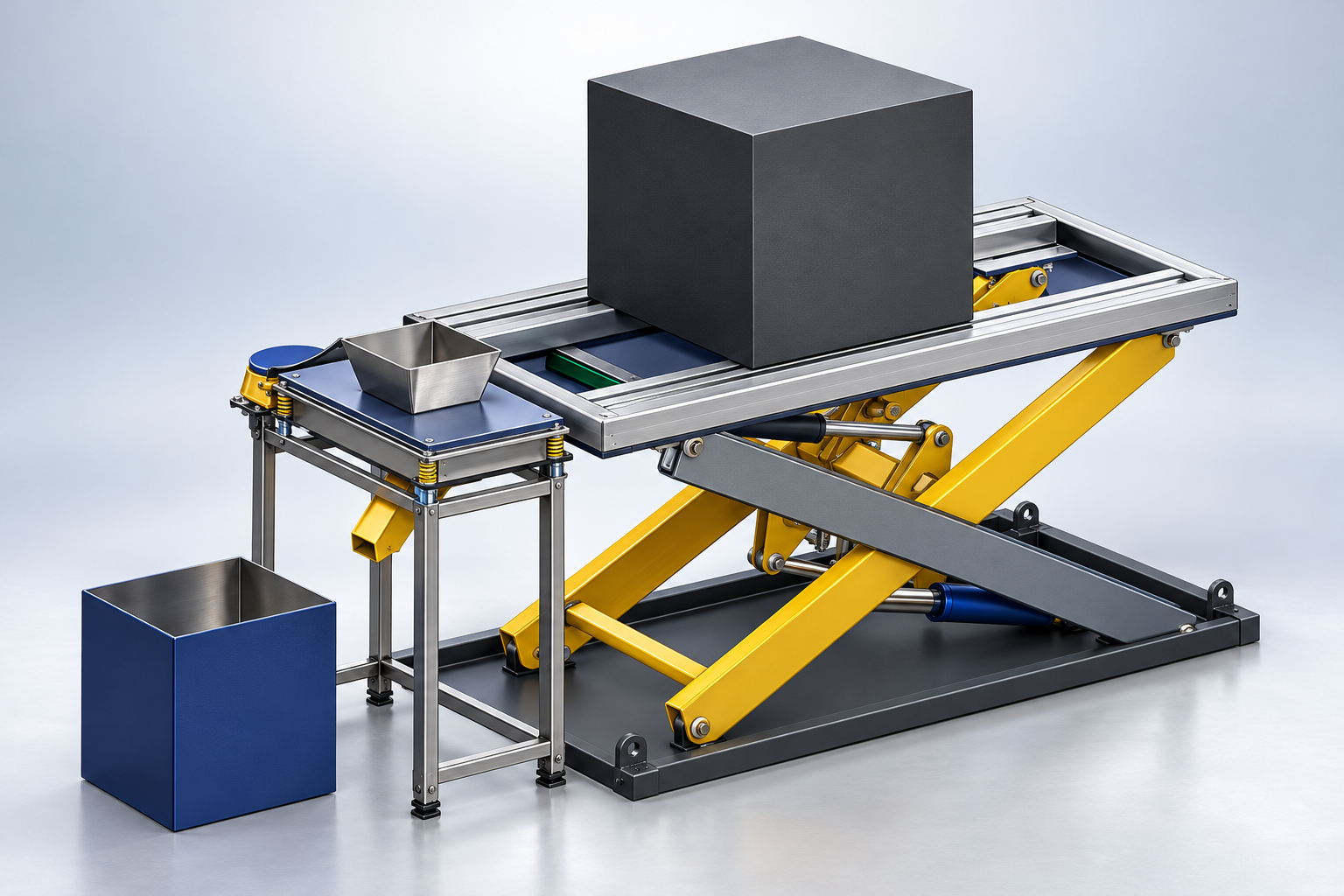 Presentation render of the siever CAD assembly with its hopper, collection bin, and scissor-lift loading platform