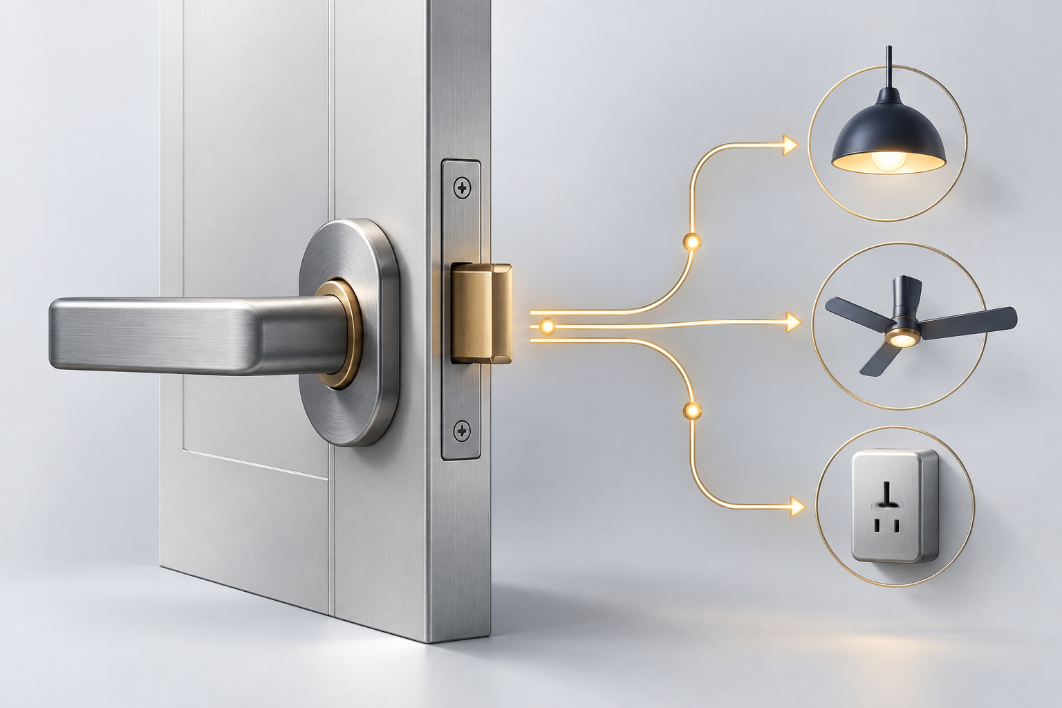 Concept illustration linking a door lock to household lighting and electrical loads