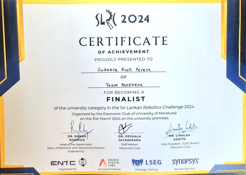 Certificate presented to Sudeera Rush Perera of Team Panthera for university category finalist achievement at SLRC 2024 on 31 March 2024