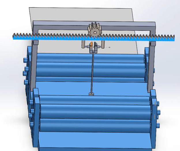 Front and overhead SolidWorks view of the sealer with the rack, pinion, rollers, and central stamp linkage