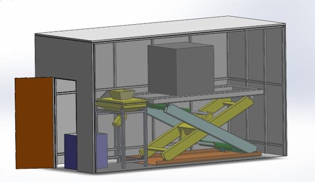SolidWorks view showing the siever and scissor-lift assembly inside an enclosing housing