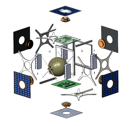 Exploded Spacebot CAD arrangement showing frame members, the central spherical tank, battery assemblies, panels, and docking interfaces