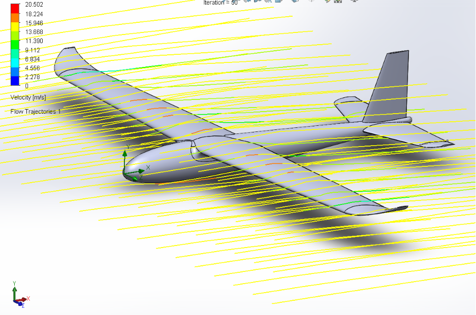 SolidWorks Flow Simulation streamlines around the UAV airframe in forward flight